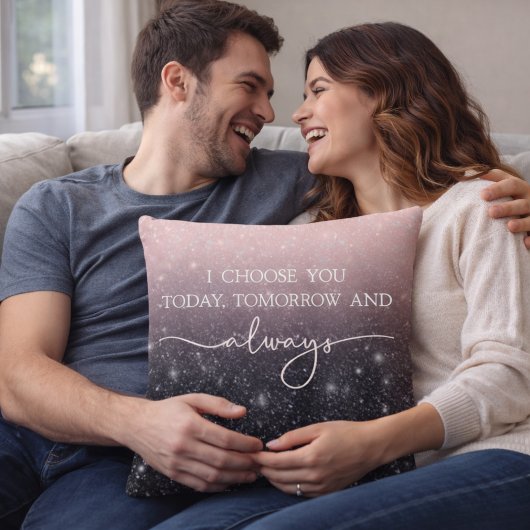 Coussin Modern Black & Pink Glitter Sparkles “I Choose You