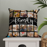 Coussin Modern Family Script 20 Photo Collage Chic Black<br><div class="desc">Coussin photo-collage personnalisé moderne avec espace pour 20 photos entourant un script tourbillonnant tendance lisant FAMILY et votre nom personnalisé ci-dessous. C'est la version à 2 faces.</div>