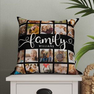 Coussin Modern Family Script 20 Photo Collage Chic Black