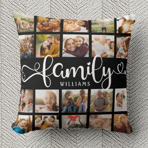 Coussin Modern Family Script 20 Photo Collage Chic Black