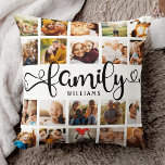 Coussin Modern Family Script 20 Photo Collage Chic Design<br><div class="desc">Coussin photo-collage personnalisé moderne avec espace pour 20 photos entourant un script tourbillonnant tendance lisant FAMILY et votre nom personnalisé ci-dessous. C'est la version à 2 faces.</div>