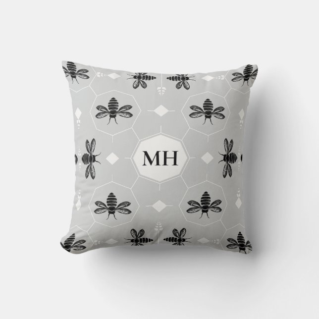 Coussin Modern Gray Elegant Black Bee Pattern Monogram (Recto)