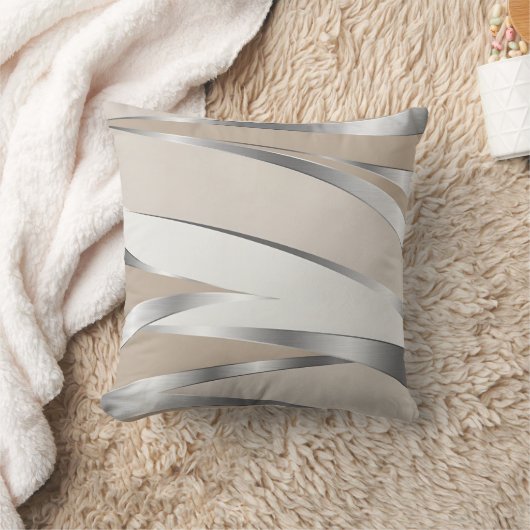 Coussin Modern Sleek Metallic Silver and Beige Abstract (Couverture)
