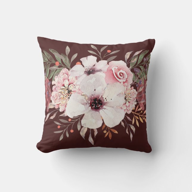 Coussin Modern Watercolor Floral Pink Burgundy (Recto)