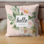 Coussin Modern Watercolor Pink Flowers & Hello & Nom<br><div class="desc">Modern Watercolor Pink Flowers & Hello & Nom</div>