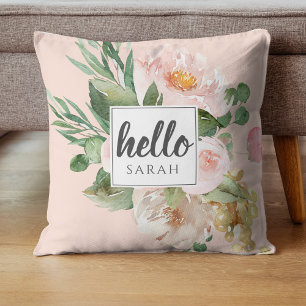 Coussin Modern Watercolor Pink Flowers & Hello & Nom