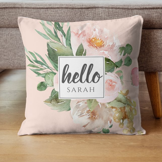 Coussin Modern Watercolor Pink Flowers & Hello & Nom (Créateur téléchargé)