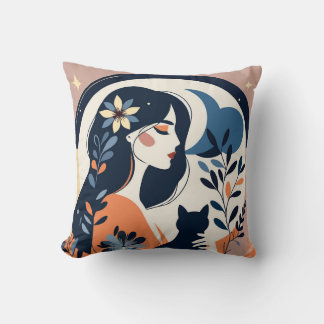 Coussin Modern Woman and Cat Throw Pillow Boho Floral Art