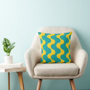 Coussin Moderne Abstrait Ondulé Sarcelle et Jaune Rétro