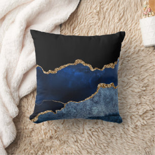 Coussin Moderne bleu marine or marbré pailleté 