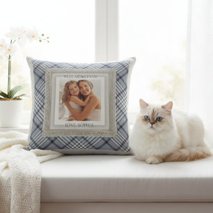 Coussin Moderne carreaux bleu gris "Meilleure maman qui so