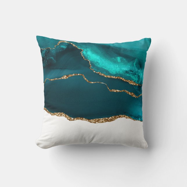 Coussin Moderne Design Turquoise & Or Agate sur blanc (Recto)