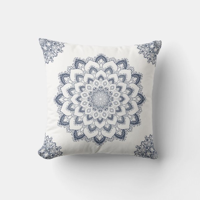 Coussin Moderne Elégant Blanc Bleu Boho Mandala (Recto)