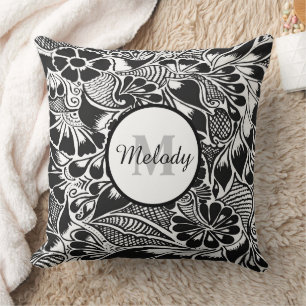 Coussin moderne élégant botanique noir mehndi