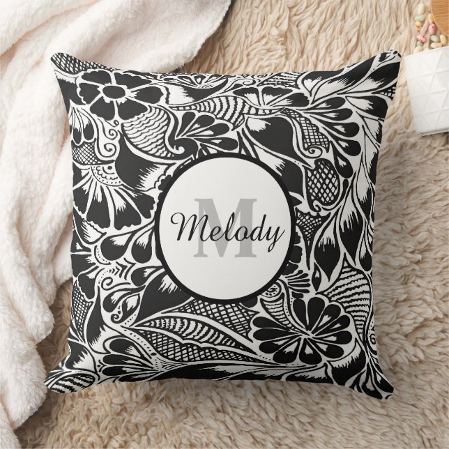 Coussin moderne élégant botanique noir mehndi (Couverture)