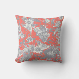 Coussin Moderne Elégant Gris Argent Coral Fleurs de passi