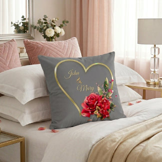 Coussin Moderne Élégant Or Cœur Et Roses Gris