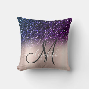 Coussin Moderne Élégant Paillettes Or Rose Monogramme