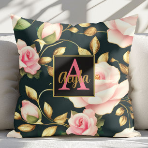 Coussin Moderne Elégant rose Roses Feuilles or Monogramme