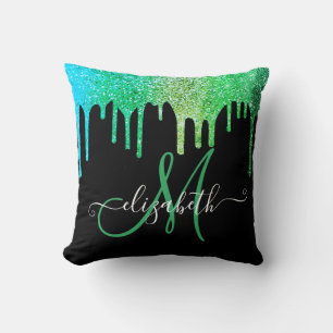 Coussin Moderne élégant vert paillettes gouttes monogramme