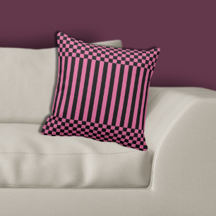 Coussin Moderne Géométrique rose et noir rayures & Checkeu
