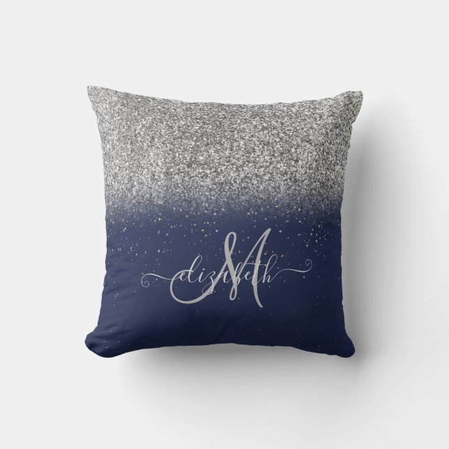 Coussin Moderne Glitter Ombre Argent Monogramme Bleu Nuit (Recto)