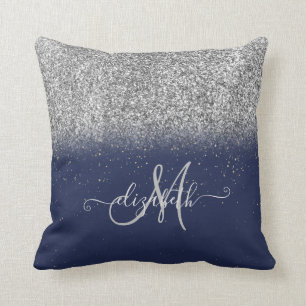 Coussin Moderne Glitter Ombre Argent Monogramme Bleu Nuit