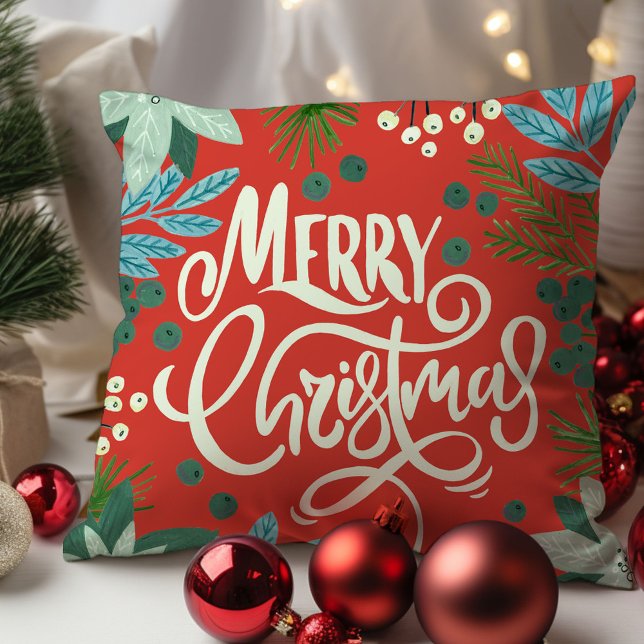 Coussin Moderne Joyeux Noël Floral Gras  (Modern Bold Floral Merry Christmas Throw Pillow)
