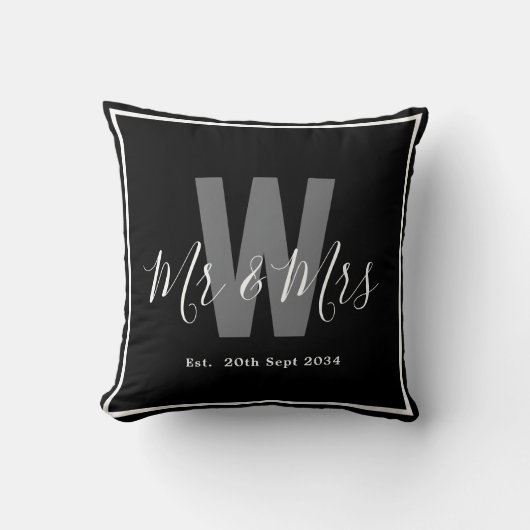 Coussin Moderne Monogramme Noir Blanc Bordure Date (Recto)