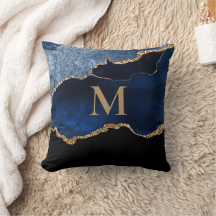 Coussin Moderne Monogramme Pailleté Marbre Or Bleu Marine