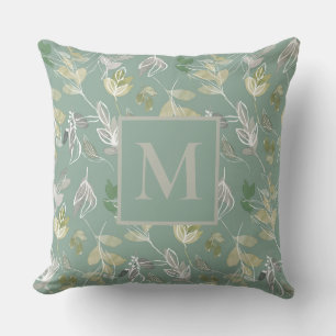 Coussin Moderne Monogramme Vert Sauge Feuilles Argentées F
