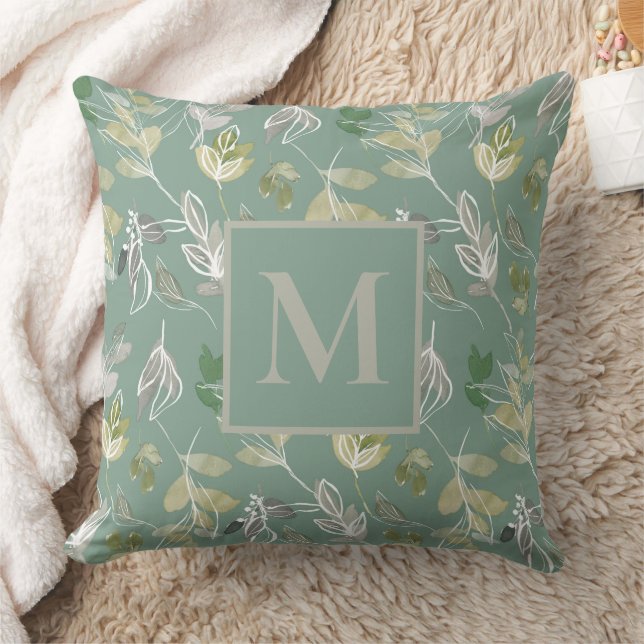 Coussin Moderne Monogramme Vert Sauge Feuilles Argentées F (Couverture)