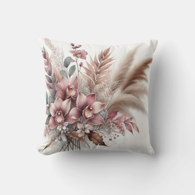 Coussin Moderne orchidée rose fleurie & feuilles tropicaux (Recto)