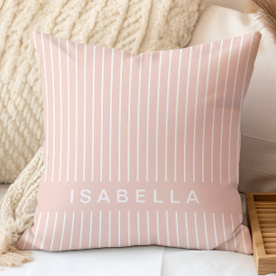Coussin Moderne Rayure Minimaliste Rose Pâle Nom Personnal