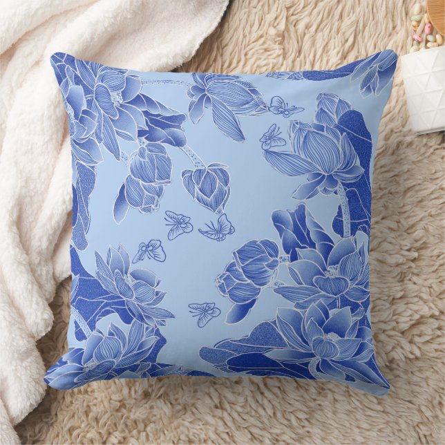 Coussin Moderne Rétro Bleu Chinoiserie Chic Lotus Mandala (Couverture)