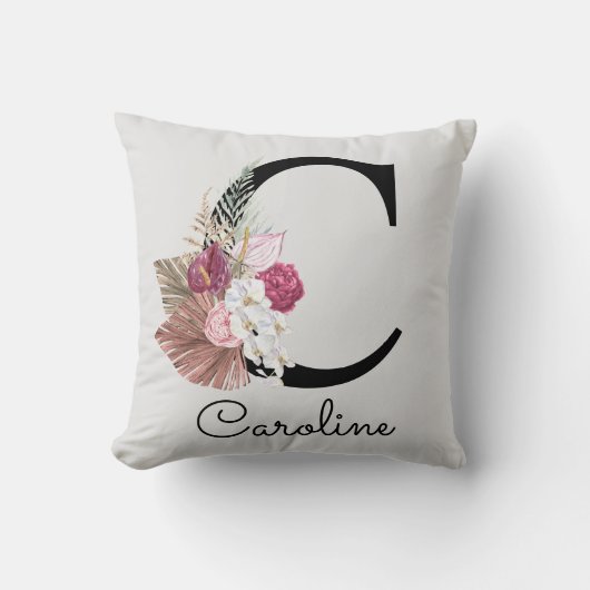 Coussin Moderne Rose Boho Féminin Floral Initiale C (Recto)
