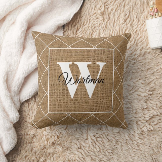 Coussin Moderne Russe Faux Burlap Monogramme blanc (Couverture)