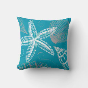 Coussin Moderne Seashell Beach House Aqua Blue Starfish