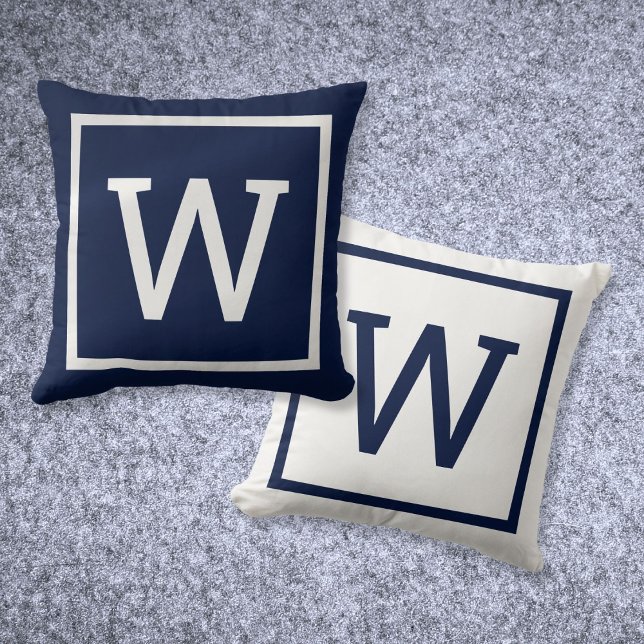 Coussin Moderne simple Monogramme bleu marine (Modern Simple Monogram Navy Blue Throw Pillow)