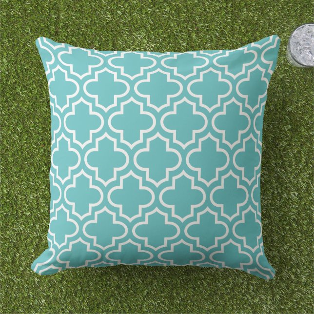 Coussin Moderne Turquoise Bleu Marocain Quatrefoil Motif (Herbe)