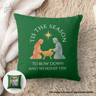 Coussin Moderne Vert TIS THE SEASON Photo de Famille Noël