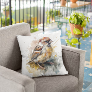 Coussin Moineau Aquarelle Rustique