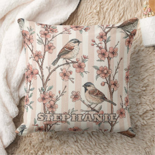 Coussin Moineau Asiatique Fleur de Cerisier Rayures de Pêc
