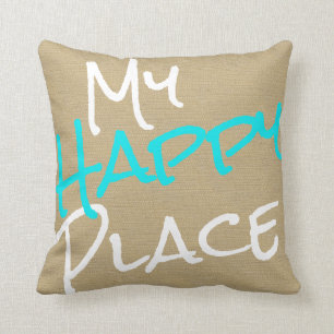 Coussin Mon beige d'endroit, bleu de turquoise et blanc