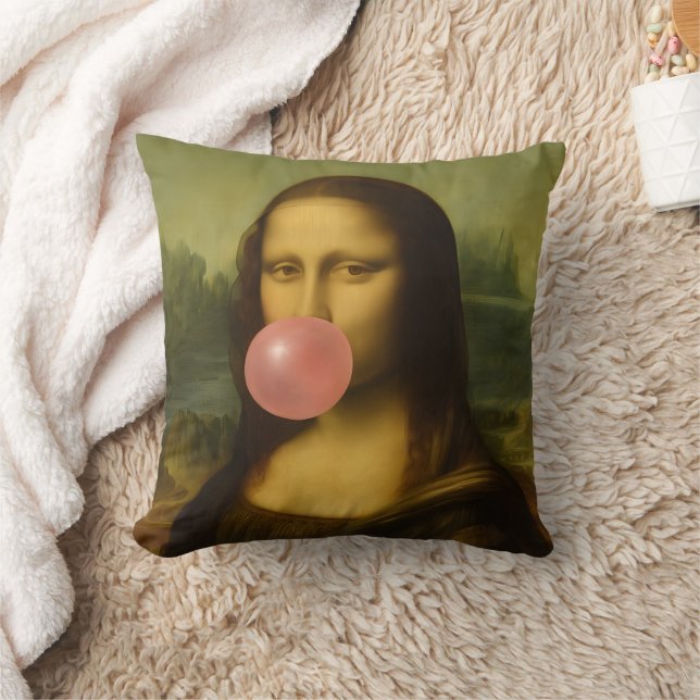 Coussin Mona Lisa soufflant de bulle rose (Couverture)