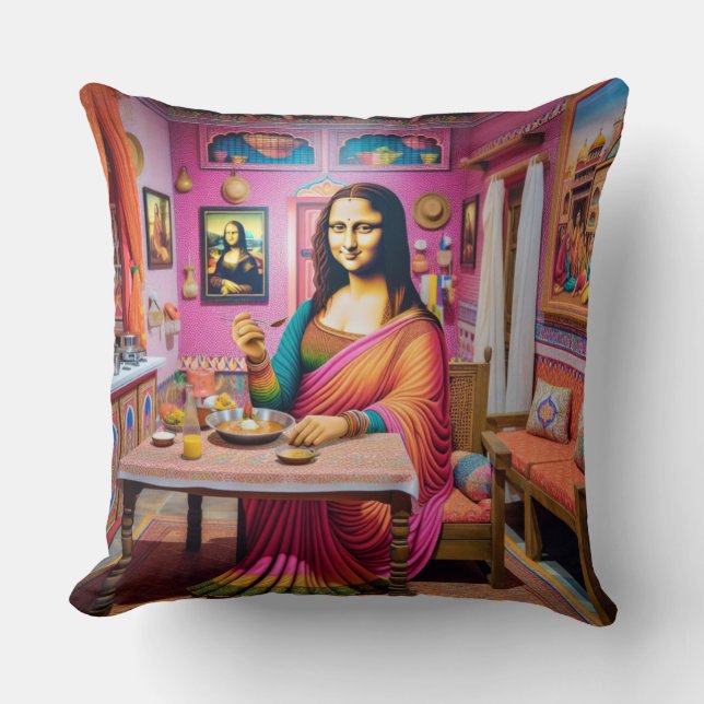 Coussin Mona mangeant des aliments indiens (Recto)