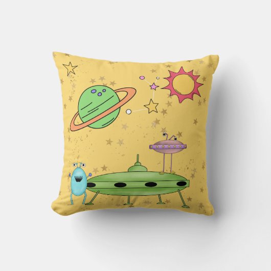 Coussin Monde cosmique Aliens et UFO Jaune  (Recto)