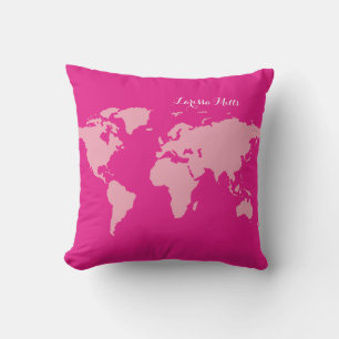 Coussin Monde rose de (votre nom) personnalisé