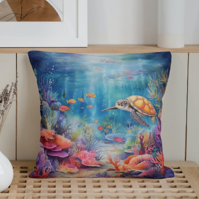 Coussin Monde sous-marin d'été à l'aquarelle (Créateur téléchargé)