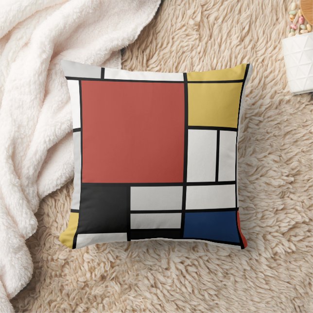 Coussin Mondrian Peinture Rouge Plane Jaune Noir Gris Bleu (Couverture)